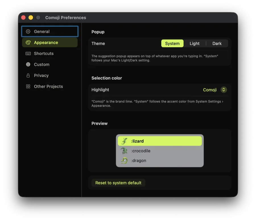 Comoji Preferences Appearance tab with a System/Light/Dark theme picker, a highlight color menu set to Comoji, and a live popup preview