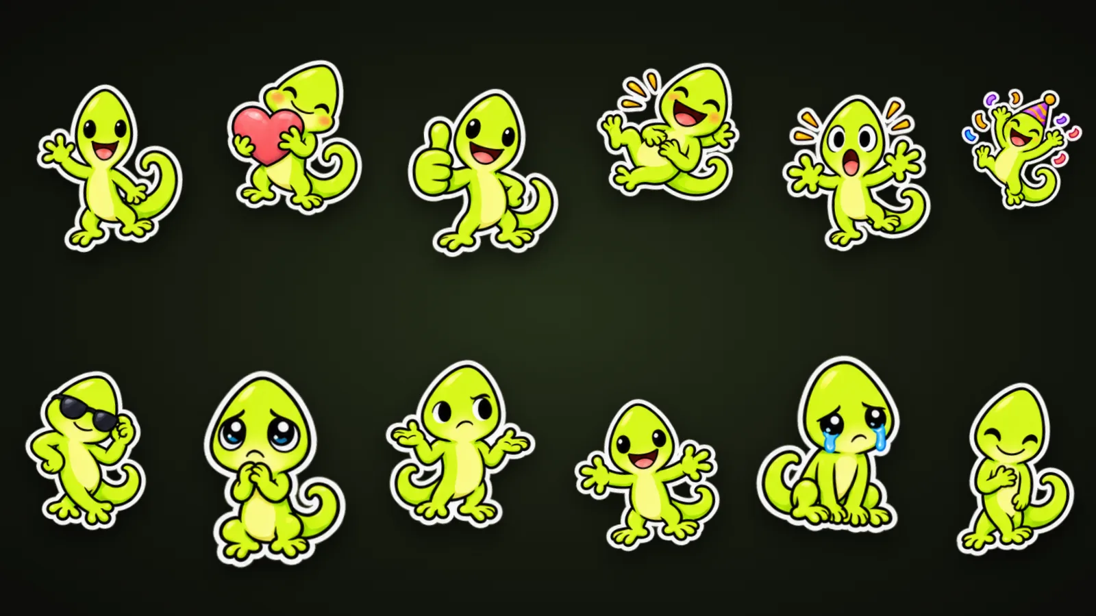 Twelve of the new Comoji lizard stickers on a dark background: the green lizard waving hello, hugging a heart, giving a thumbs up, laughing, celebrating in a party hat, wearing sunglasses, pleading, shrugging, and crying.