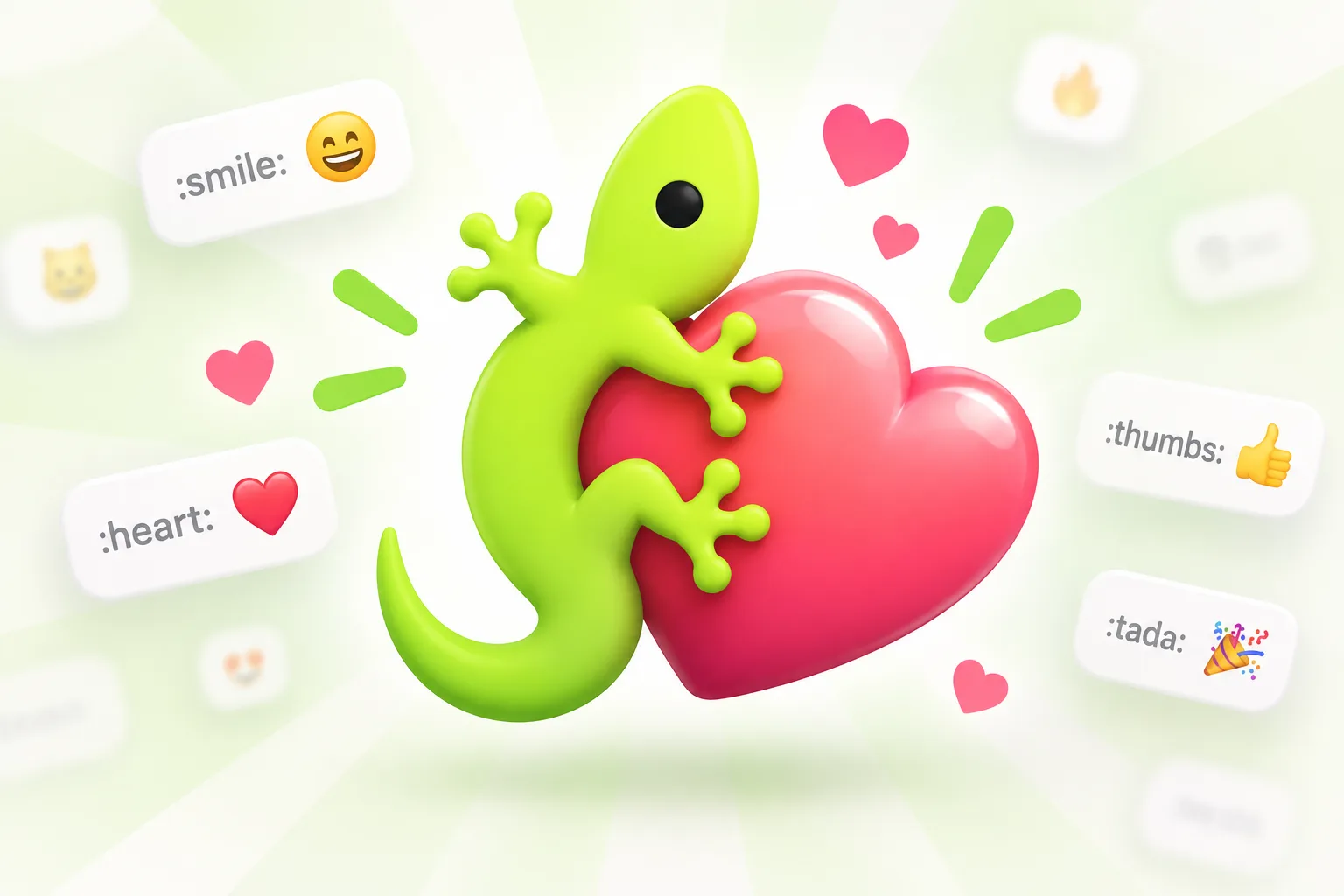 A bright green Comoji lizard hugging a pink heart, surrounded by emoji shortcode cards and small hearts.