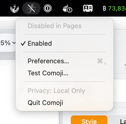 Comoji menu bar dropdown showing “Disabled in Pages” with the icon dimmed