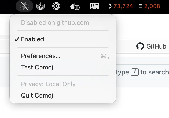 Comoji menu bar dropdown showing “Disabled on github.com”