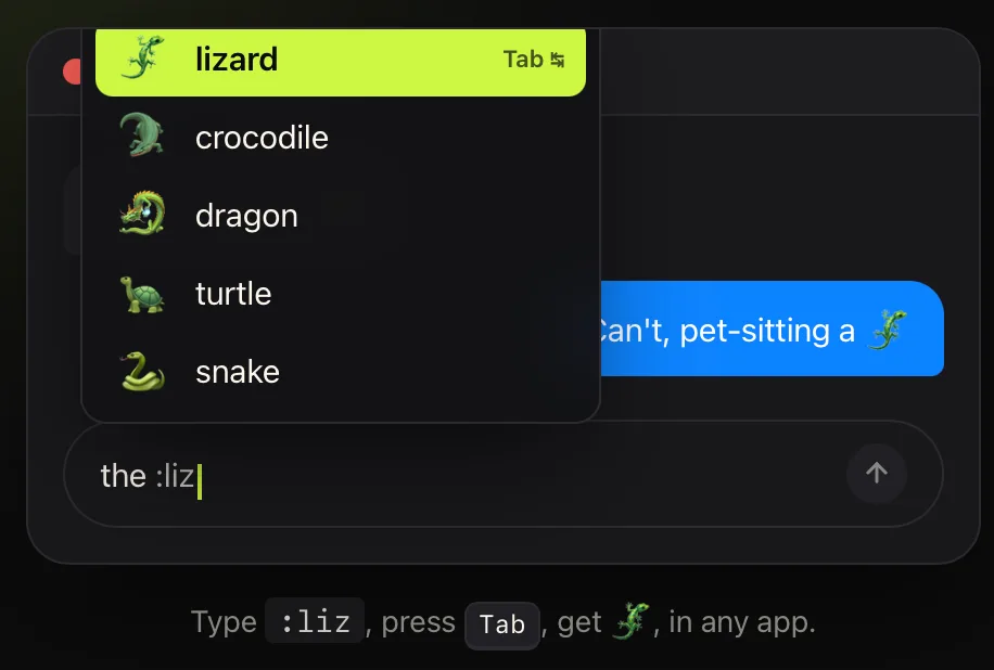 Comoji’s colon autocomplete popover suggesting lizard, crocodile, dragon, turtle and snake after typing :liz in Messages