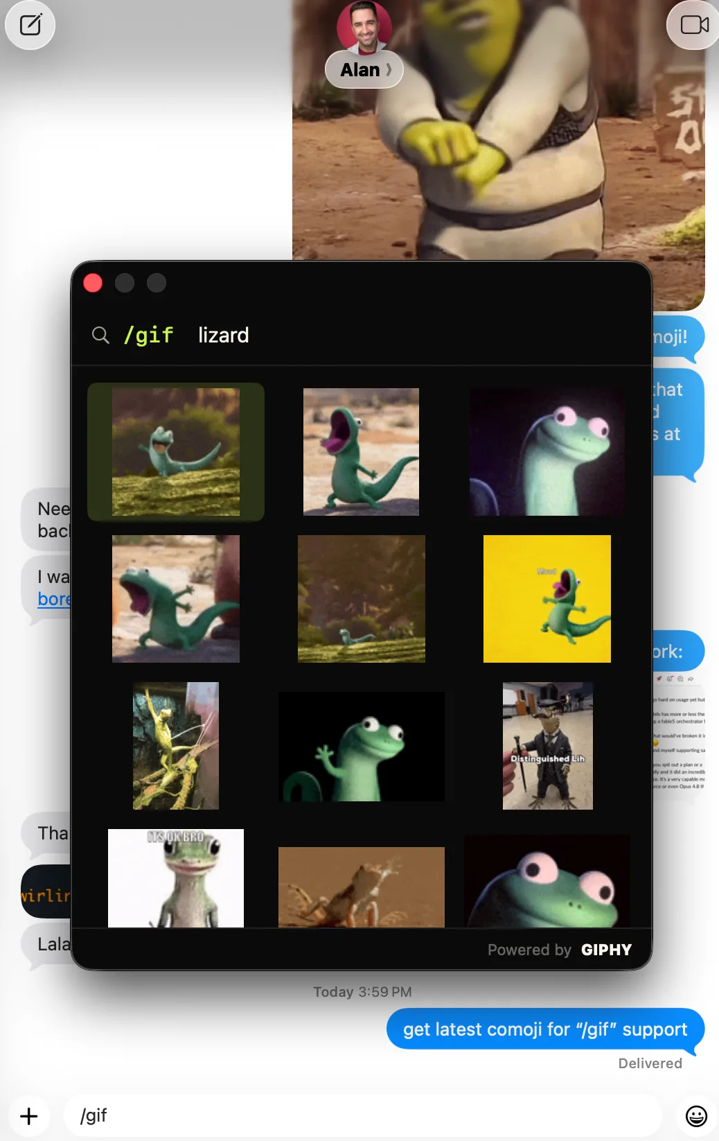 Comoji /gif picker open over a Messages conversation, searching GIPHY for “lizard”
