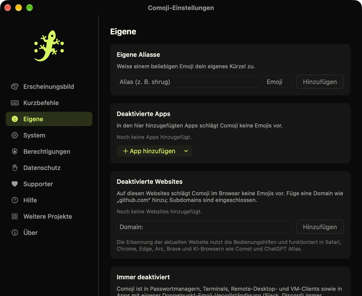 Comoji-Einstellungen im Bereich „Eigene“: eigene Aliasse, deaktivierte Apps, deaktivierte Websites und die Liste der immer deaktivierten Apps