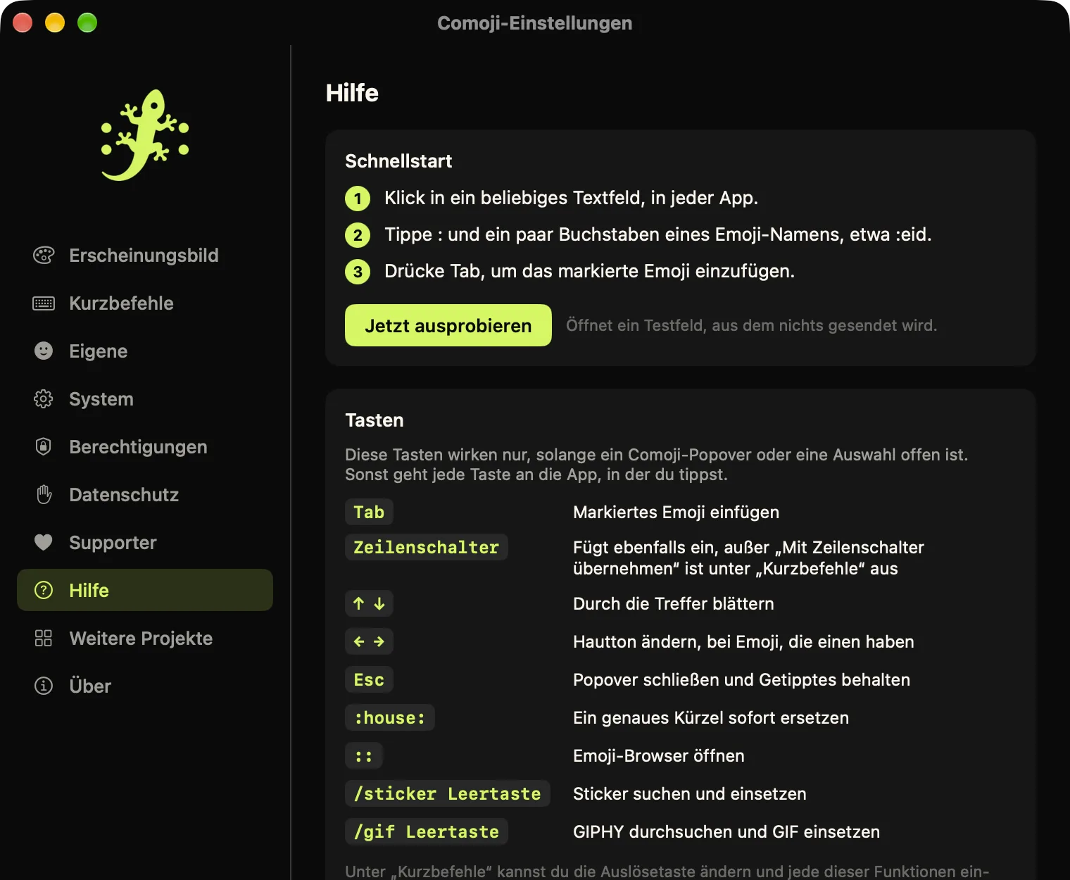 Comoji-Einstellungen im Bereich „Hilfe“, mit Schnellstart und einer Tabelle aller Tasten