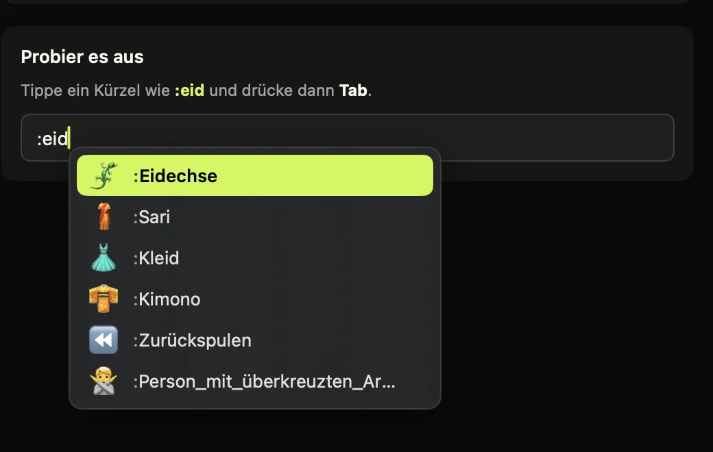 Das Comoji-Vorschlags-Popover unter einem Textfeld, in das :eid getippt wurde, mit 🦎 oben markiert