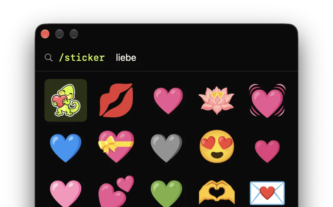 Die Comoji-Sticker-Auswahl mit Ergebnissen für liebe, darunter Herzen und Herzhände