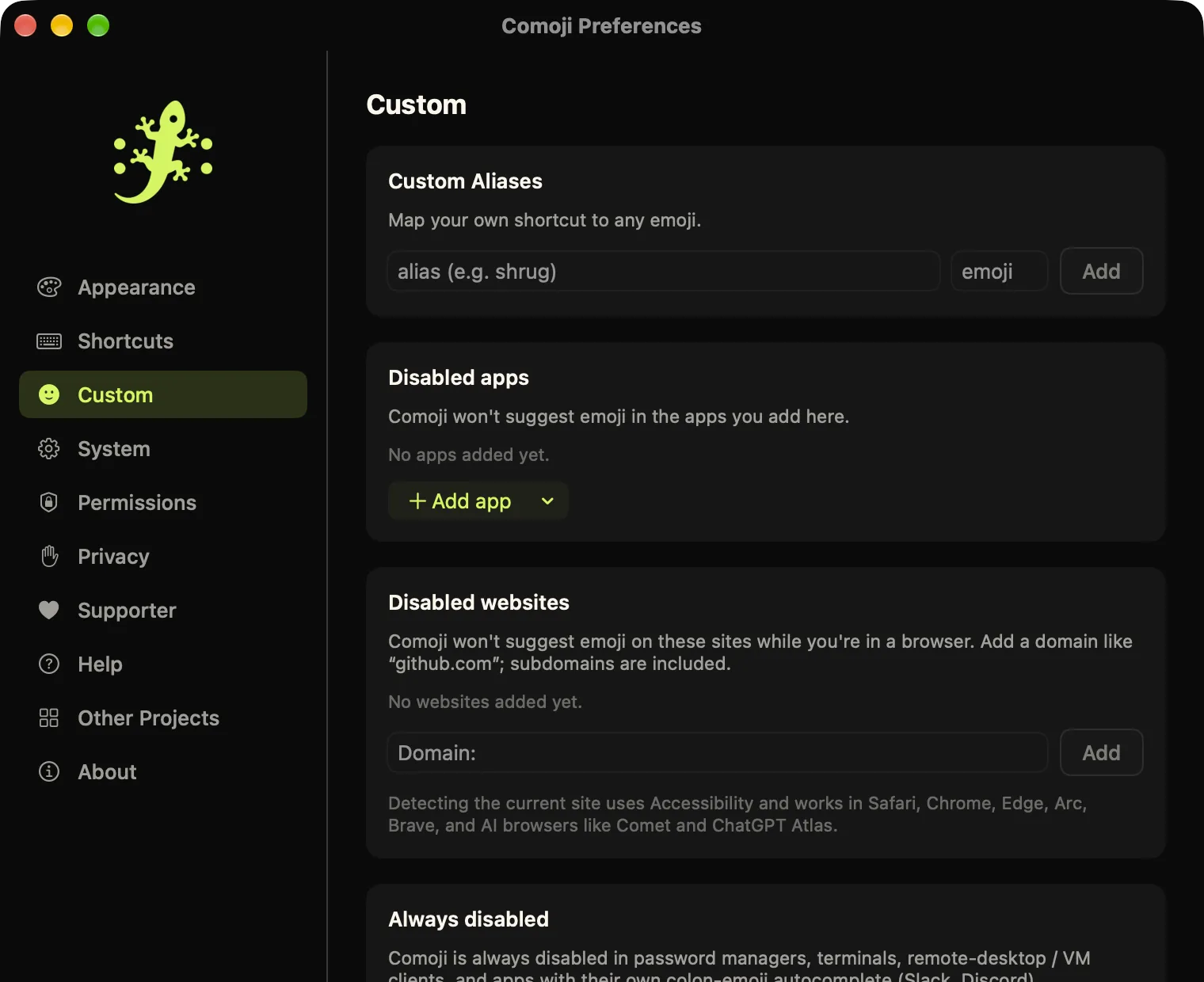 Comoji Preferences open on the Custom tab: custom aliases, disabled apps, disabled websites and the always disabled list