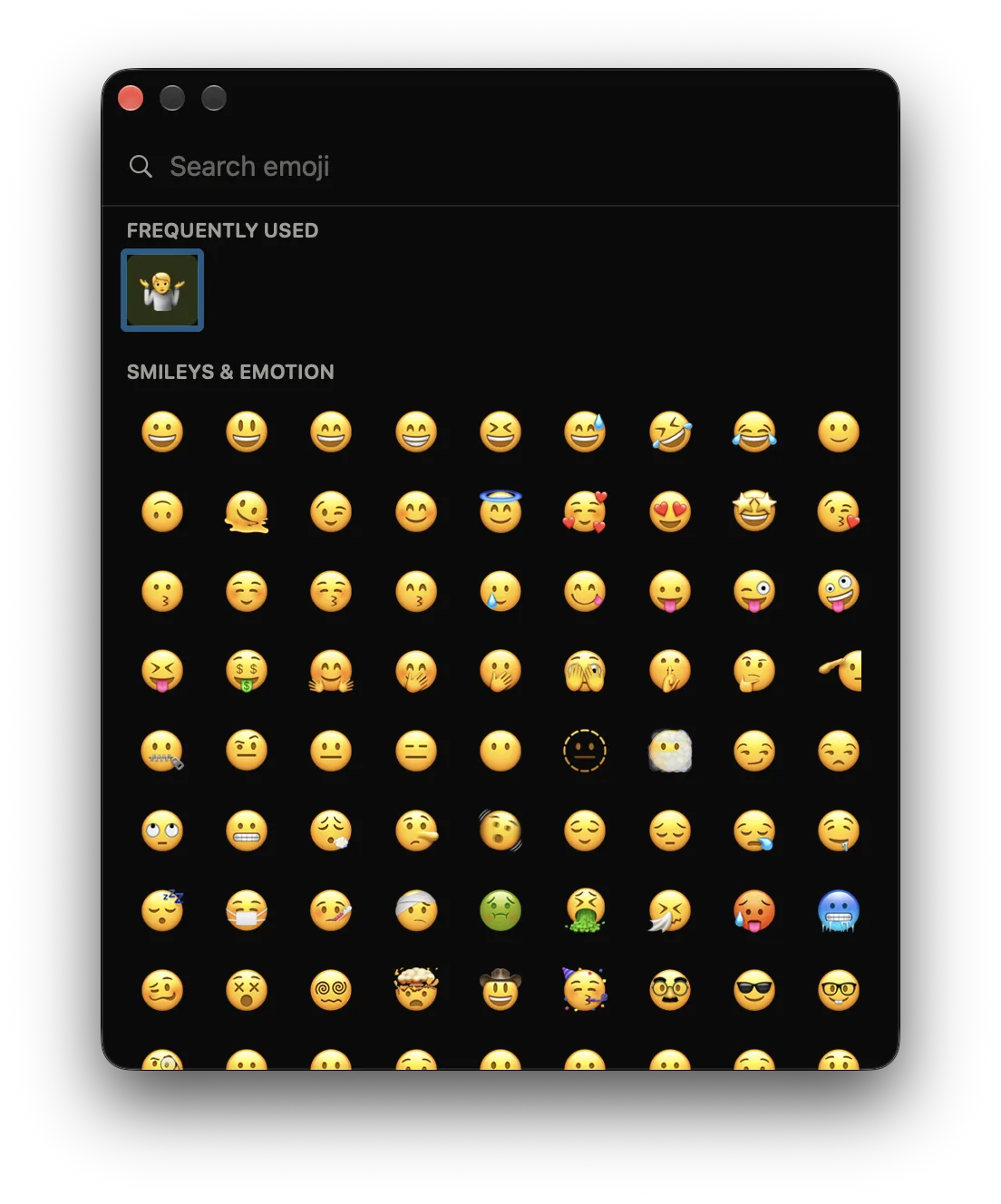 The Comoji emoji browser, a searchable grid of smileys
