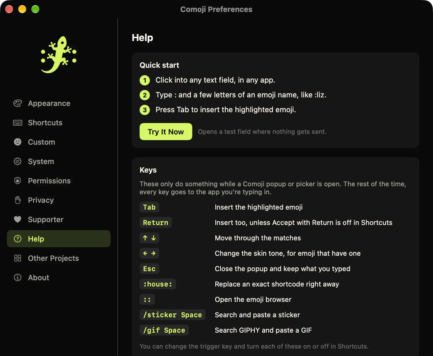 Comoji Preferences open on the Help tab, with a quick start and a table of every key