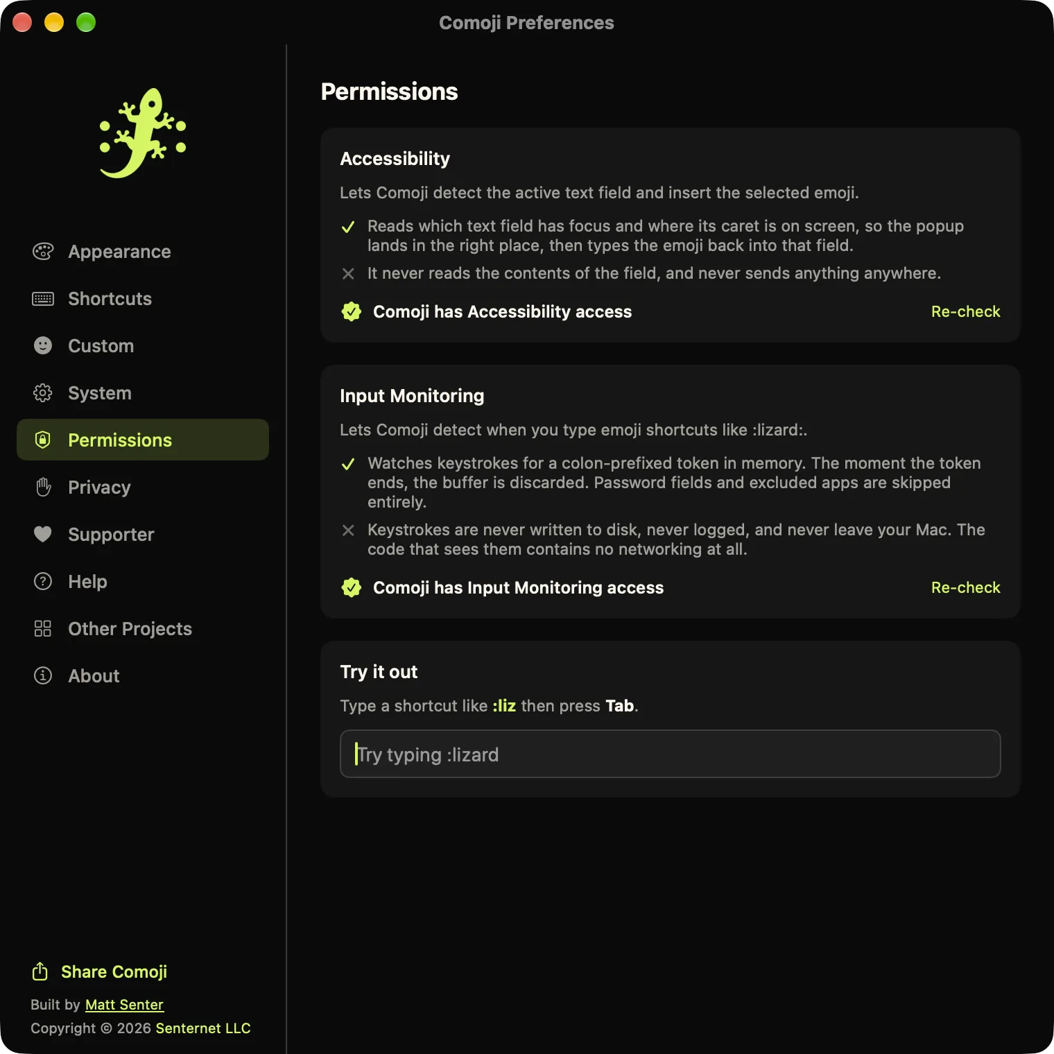 Comoji Preferences open on the Permissions tab, with Accessibility and Input Monitoring both granted and a Try it out field