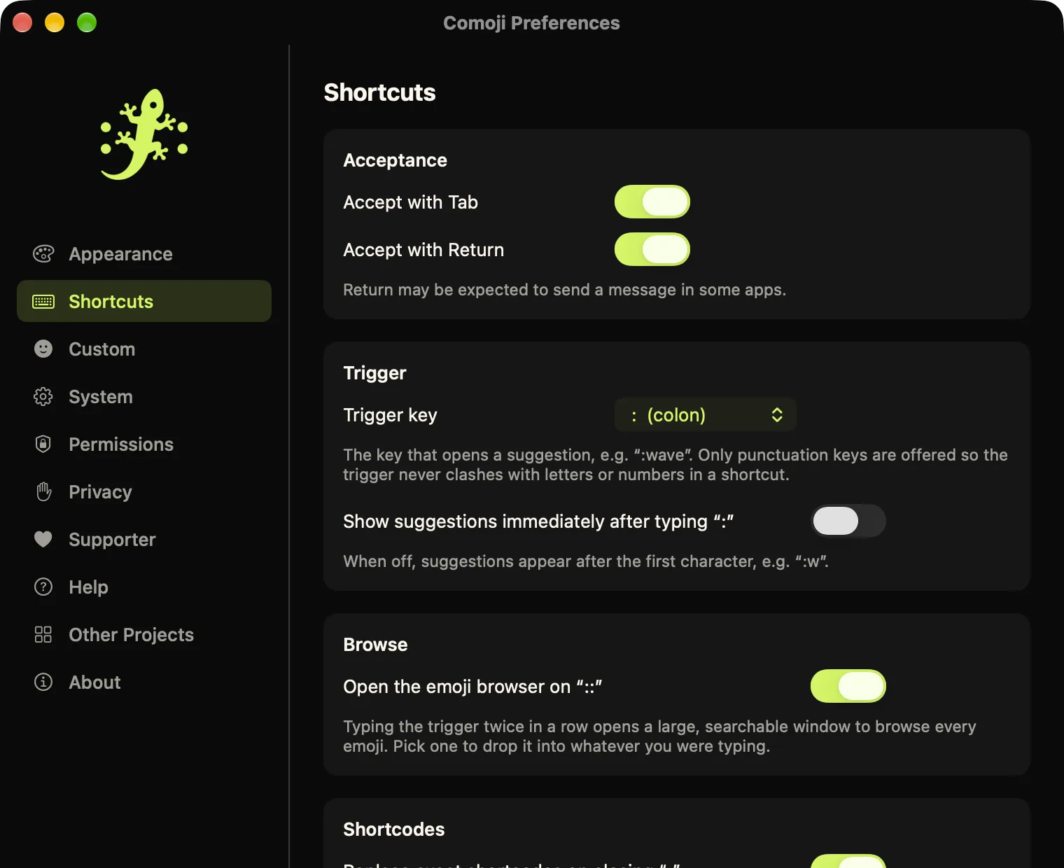Comoji Preferences open on the Shortcuts tab: Tab and Return acceptance, the trigger key, the emoji browser and shortcode options