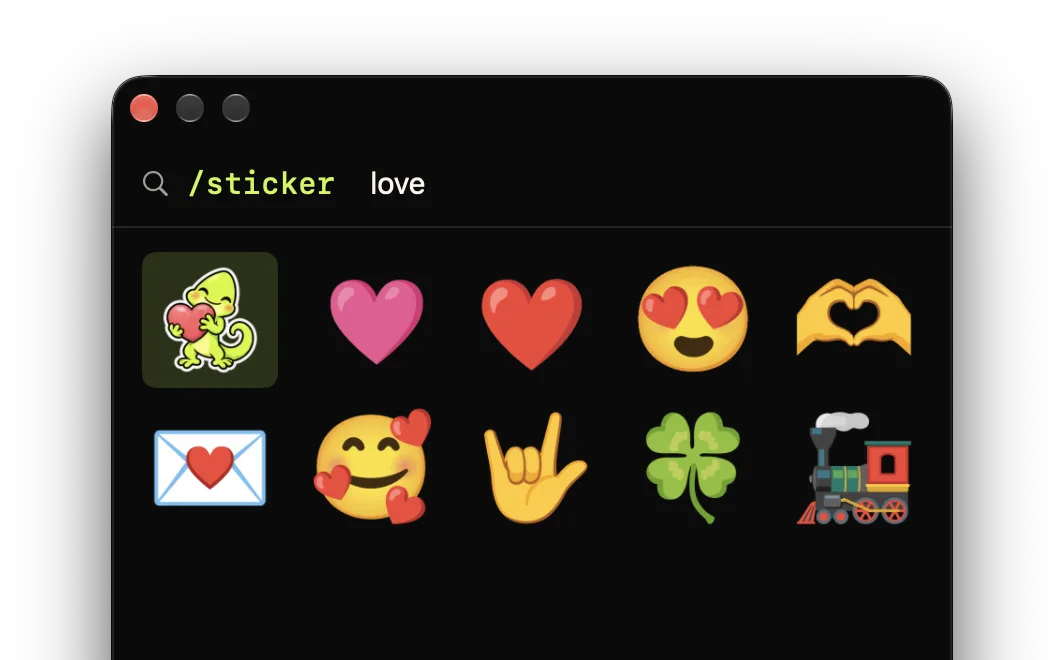 The Comoji sticker picker showing results for love, including hearts and heart hands