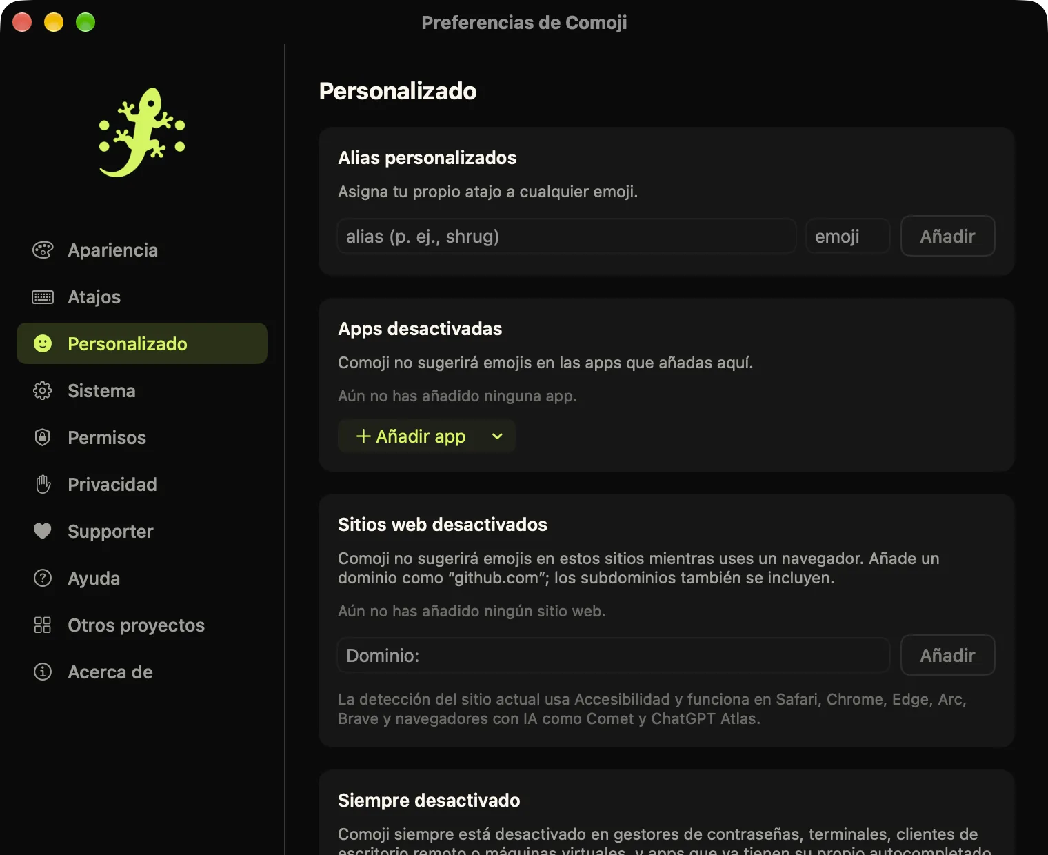 Preferencias de Comoji abiertas en la pestaña Personalizado: alias personalizados, apps desactivadas, sitios web desactivados y la lista de desactivados siempre