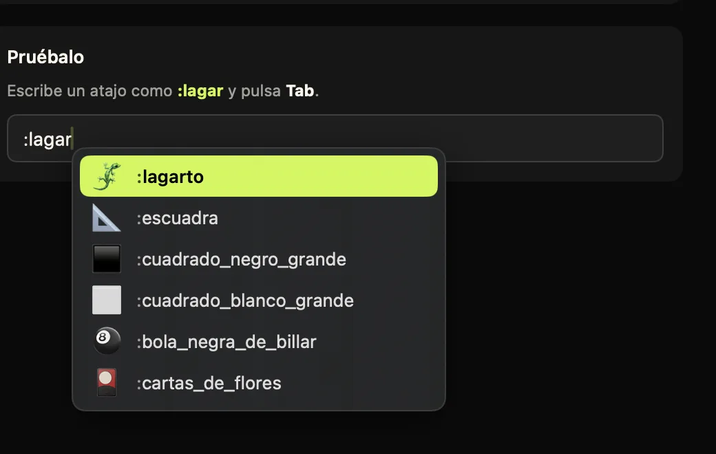 La ventana de sugerencias de Comoji bajo un campo de texto donde se ha escrito :lagar, con 🦎 resaltado arriba