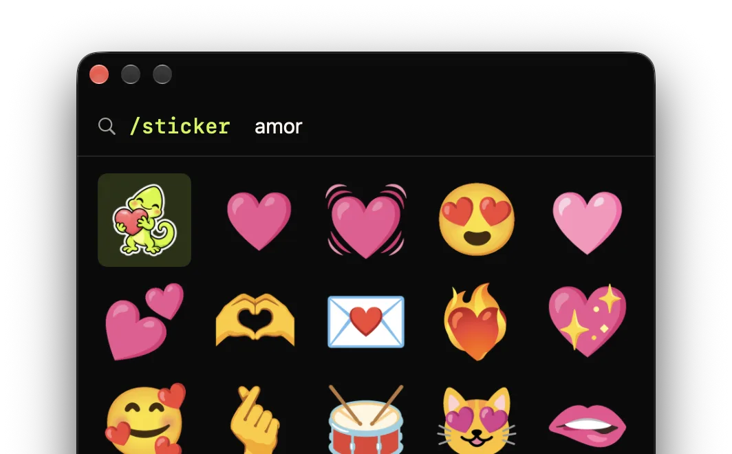 El selector de stickers de Comoji con resultados para amor, incluidos corazones y manos formando un corazón