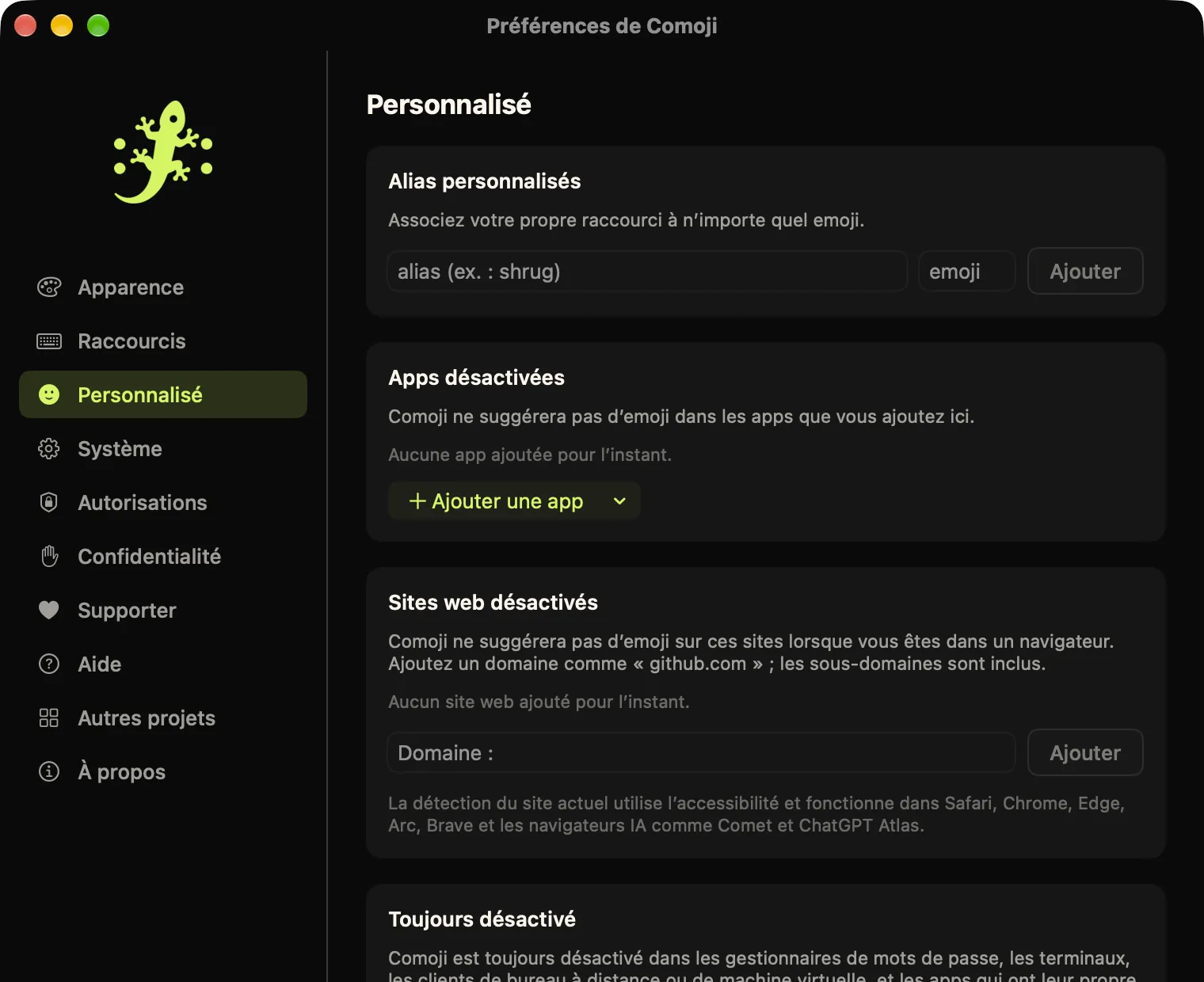 Les Préférences de Comoji ouvertes sur l’onglet Personnalisé : alias personnalisés, apps désactivées, sites web désactivés et liste des apps toujours désactivées