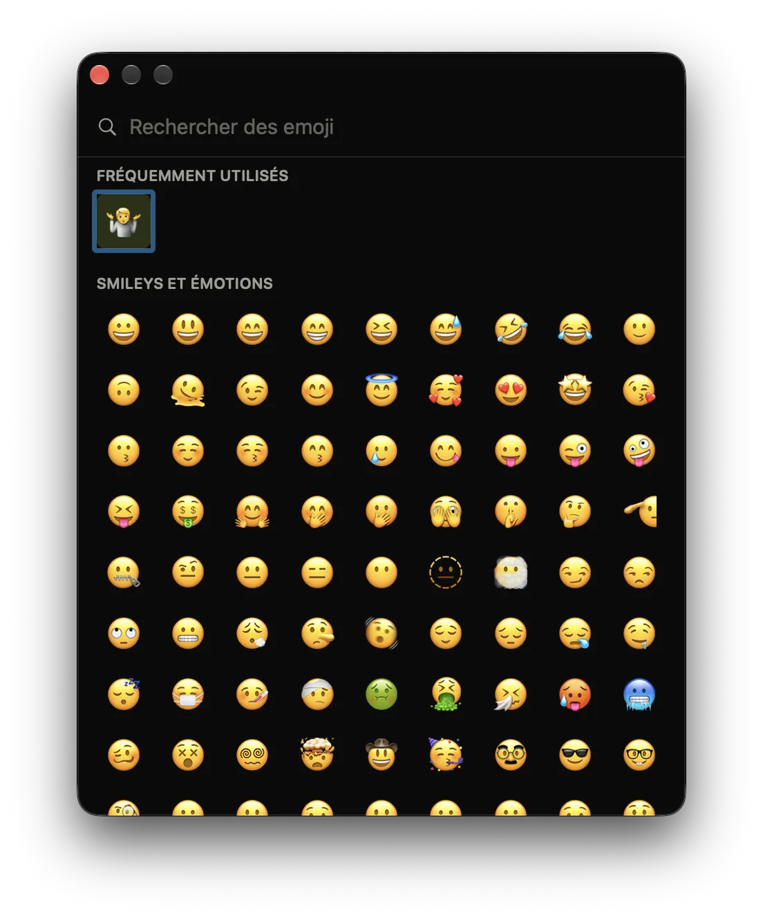 Le navigateur d’emoji de Comoji, une grille de smileys avec recherche