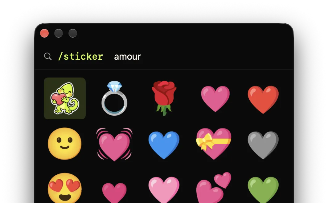 Le sélecteur d’autocollants de Comoji affichant les résultats pour amour, dont des cœurs et des mains en forme de cœur