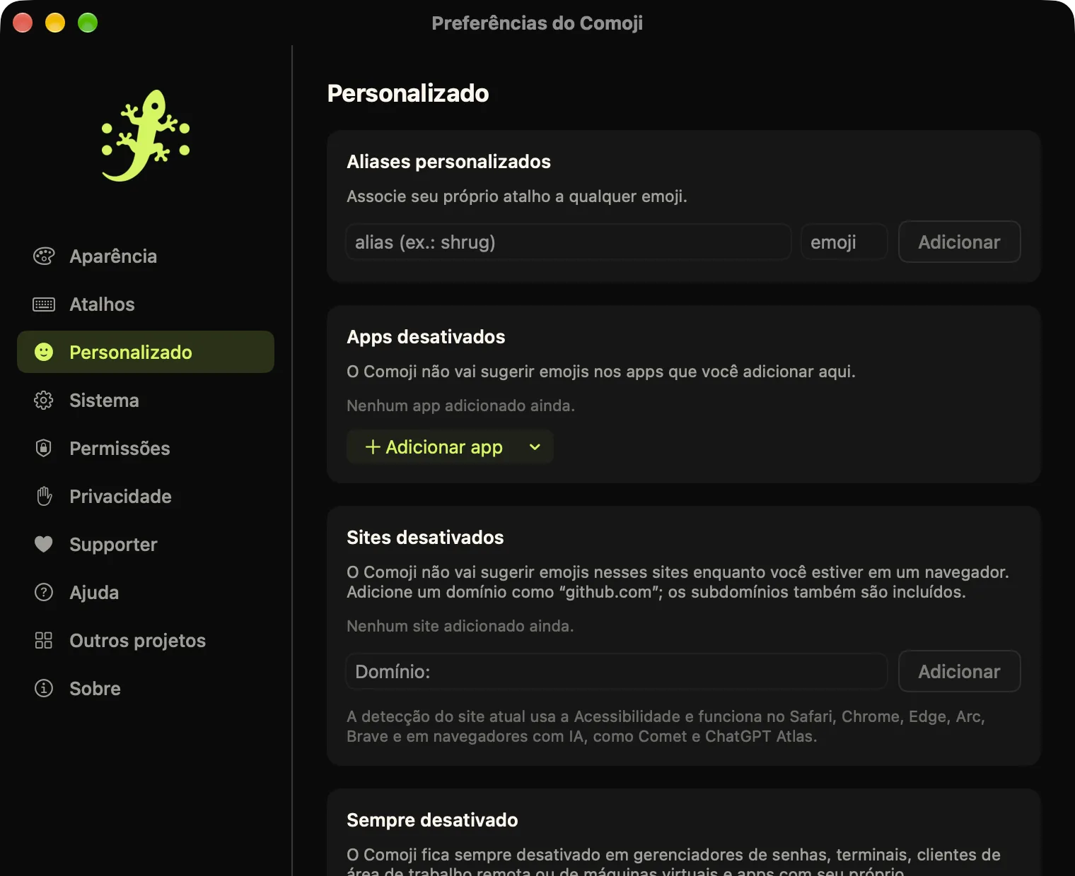 Preferências do Comoji abertas na aba Personalizado: aliases personalizados, apps desativados, sites desativados e a lista de sempre desativados