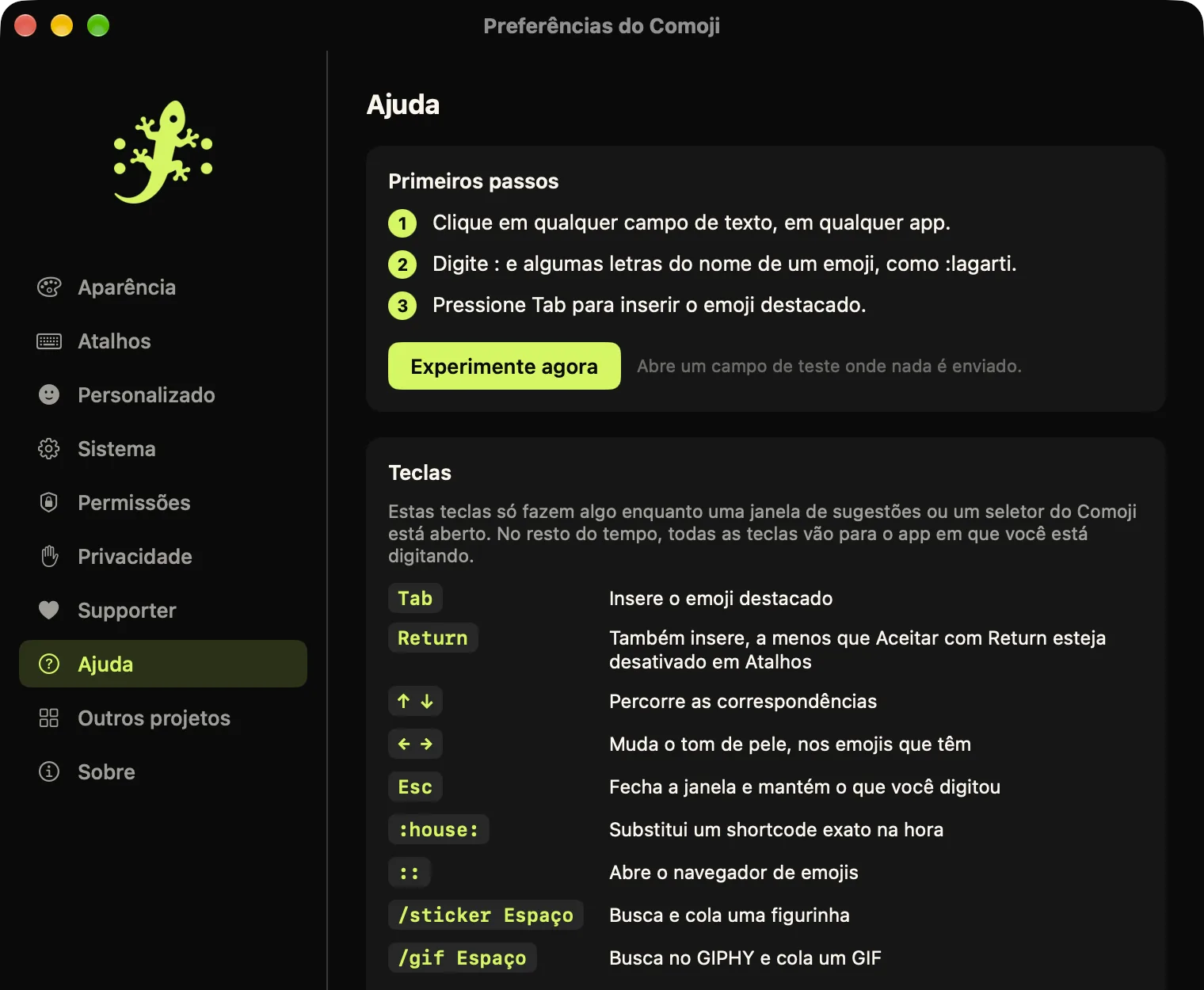 Preferências do Comoji abertas na aba Ajuda, com os primeiros passos e uma tabela com todas as teclas