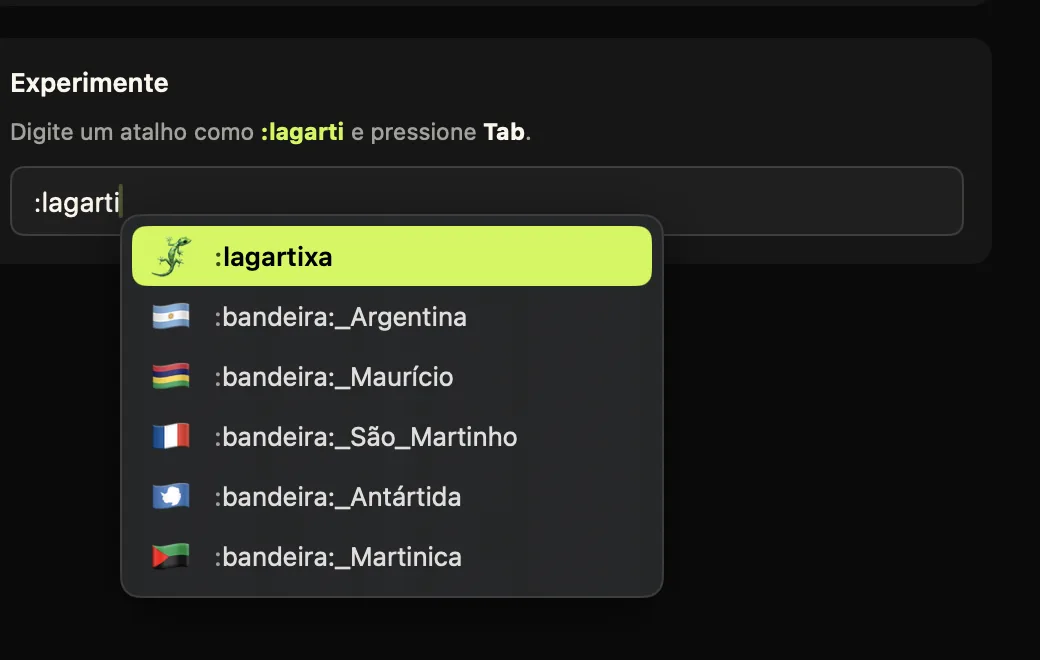 A janela de sugestões do Comoji abaixo de um campo de texto onde foi digitado :lagarti, com 🦎 destacado no topo