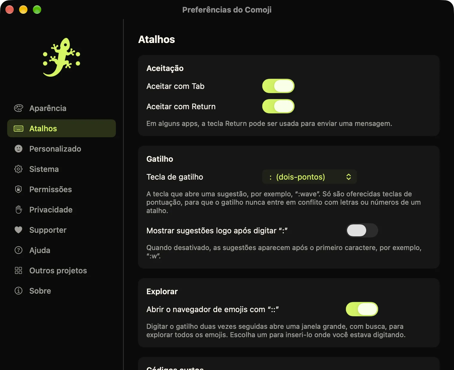 Preferências do Comoji abertas na aba Atalhos: aceitar com Tab e Return, a tecla de gatilho, o navegador de emojis e as opções de shortcode