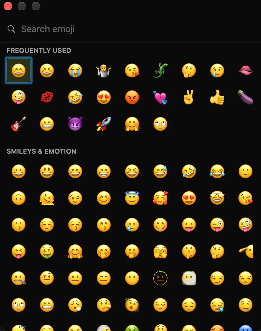 El selector Emojis y símbolos de macOS: un campo de búsqueda arriba, una fila de Usados con frecuencia y debajo la cuadrícula de Emoticonos y emociones