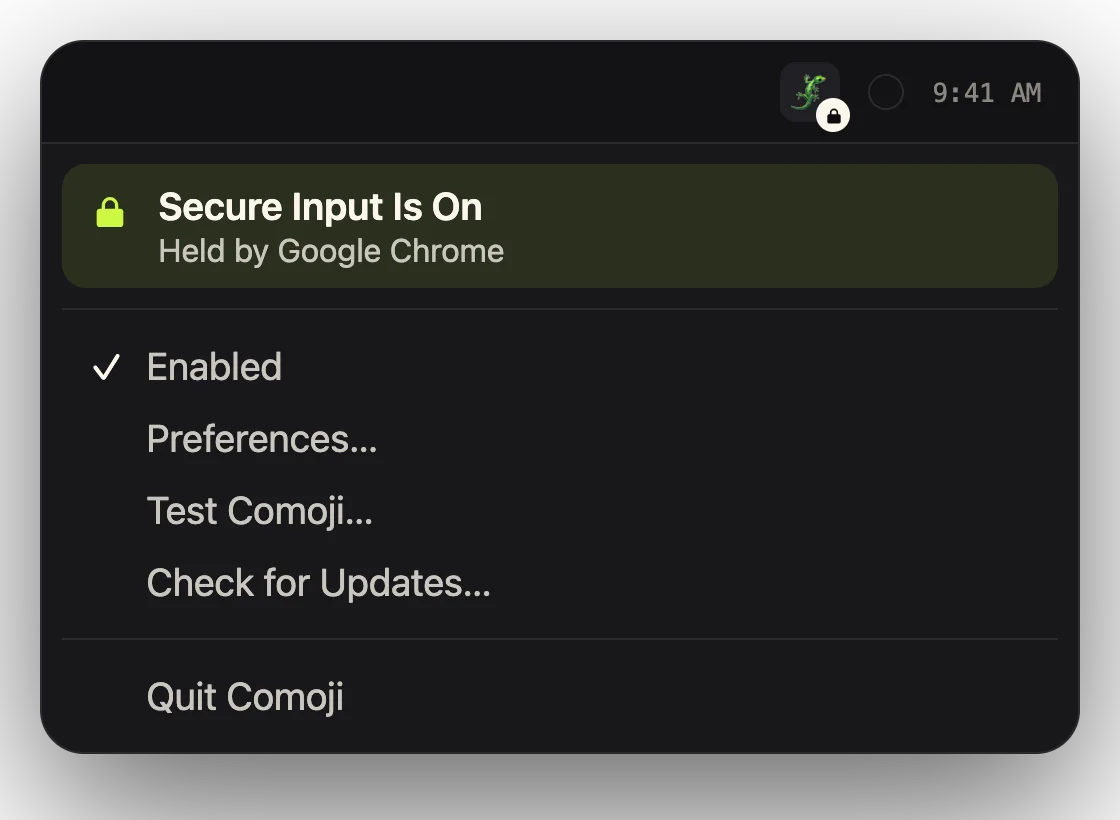Comoji’s menu bar dropdown with a padlock on the lizard icon and a “Secure Input Is On” item reading “Held by Google Chrome”