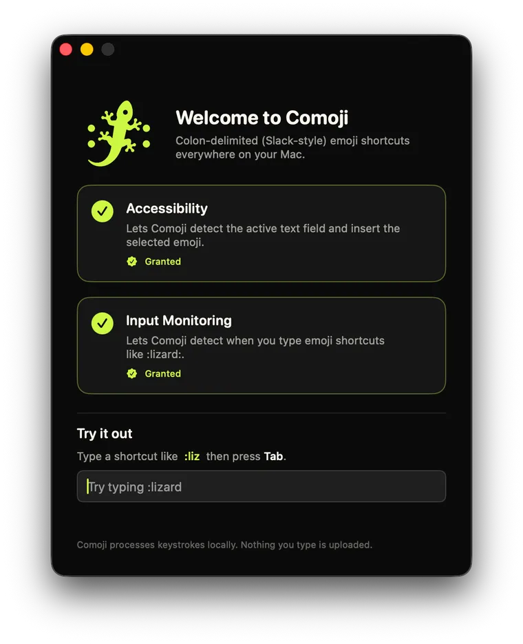 Comoji setup window showing live grant status for Input Monitoring and Accessibility