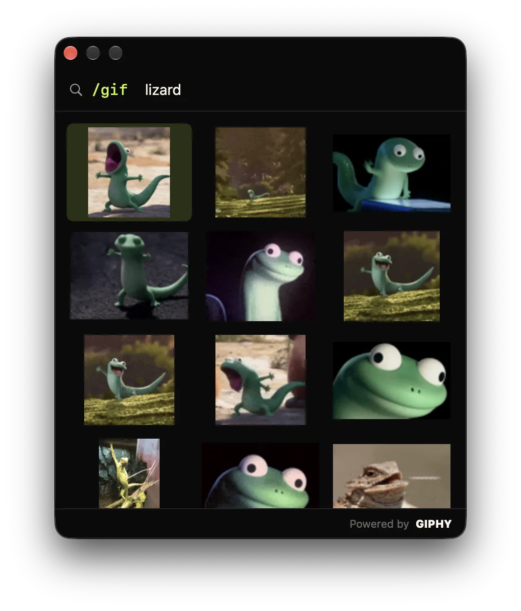 Comoji /gif picker searching GIPHY for “lizard”, with a grid of animated lizard GIFs