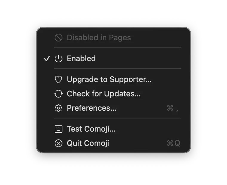 Comoji’s menu bar menu headed “Disabled in Pages”