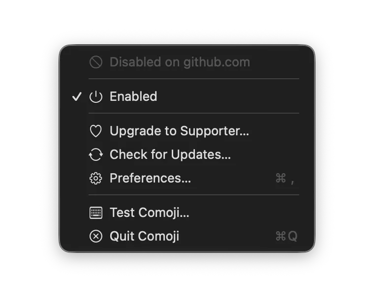 Comoji’s menu bar menu headed “Disabled on github.com”
