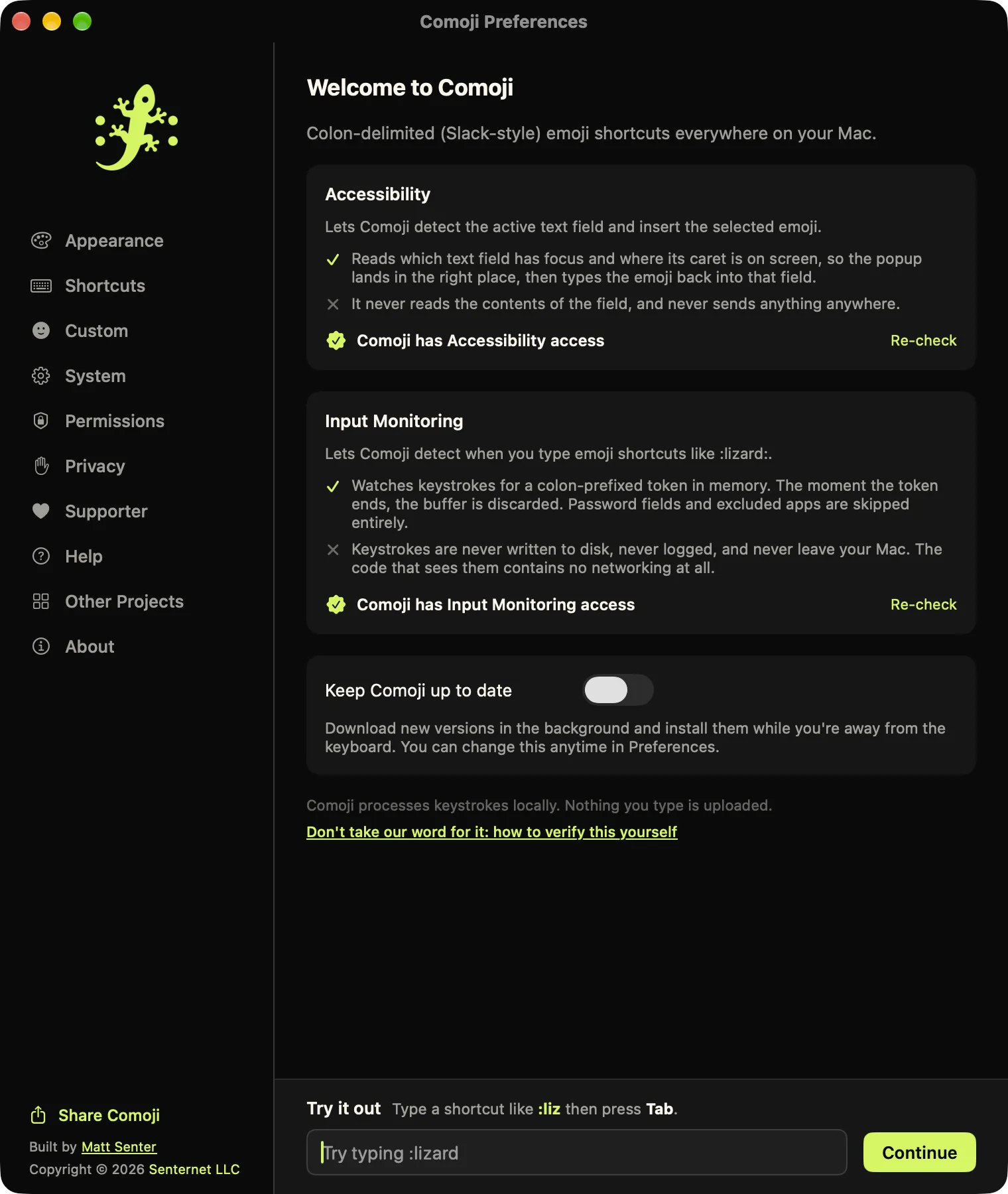 Comoji setup window showing live grant status for Input Monitoring and Accessibility