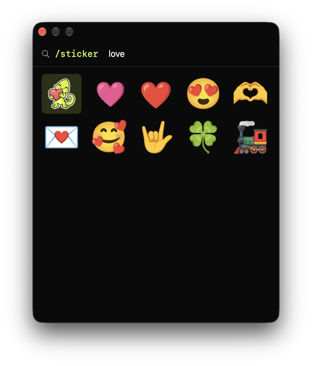 Comoji sticker picker searching /sticker love, with a lizard sticker hugging a heart highlighted first