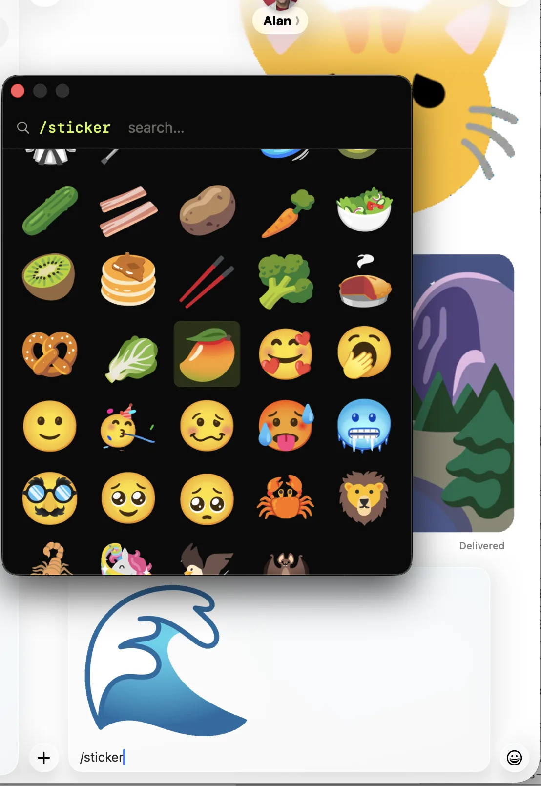 Comoji sticker picker open over a Messages conversation, searching with /sticker