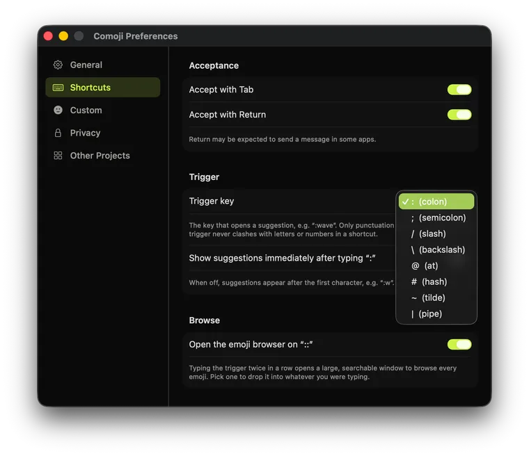Comoji Preferences Shortcuts tab with a Trigger key dropdown of punctuation options
