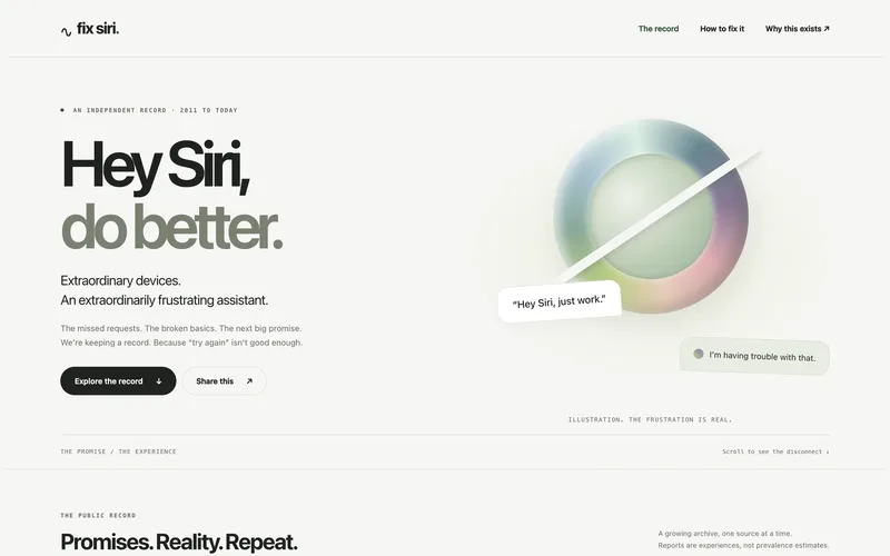 Fix Siri: Hey Siri, do better. A sourced record of Siri failures and Apple’s promises.